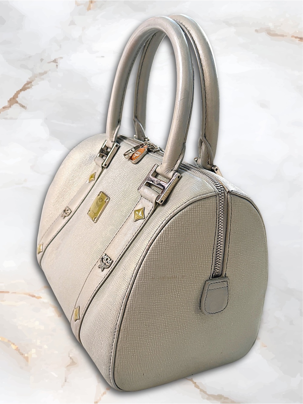 MCM München Metallic Silver Saffiano Leather Boston Bag - Picture 6 of 17